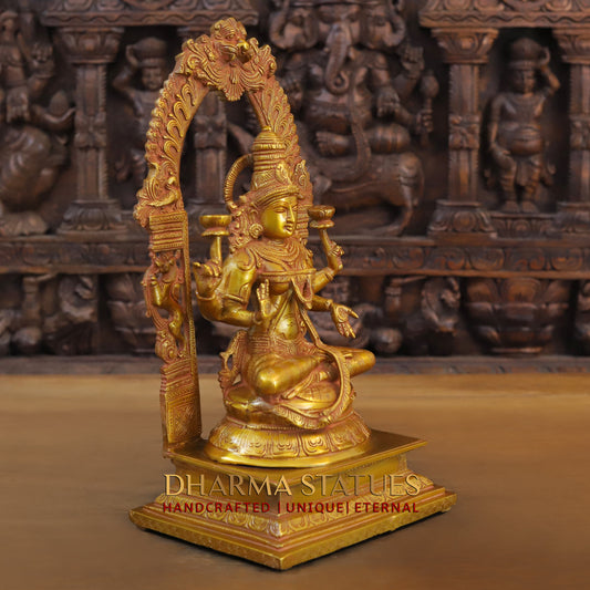 Brass Laxshmi seated on Pedestal with Frame, Fine Golden Finish, 17"