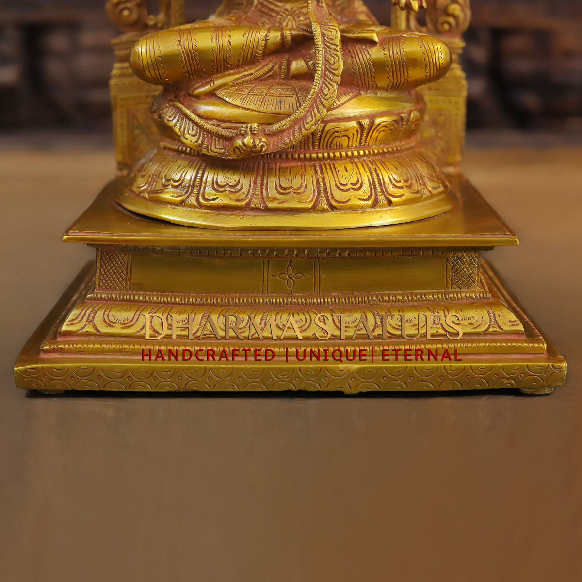 Brass Laxshmi seated on Pedestal with Frame, Fine Golden Finish, 17"