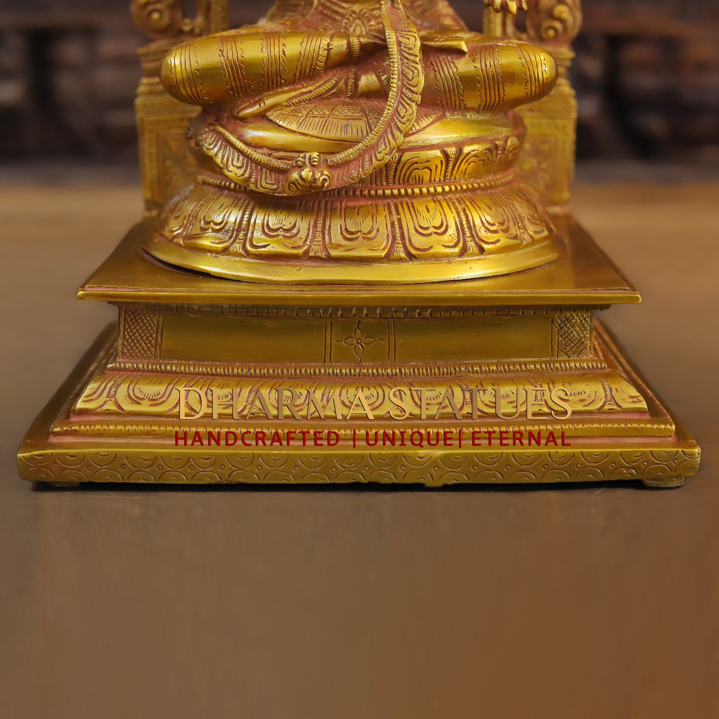 Brass Laxshmi seated on Pedestal with Frame, Fine Golden Finish, 17"