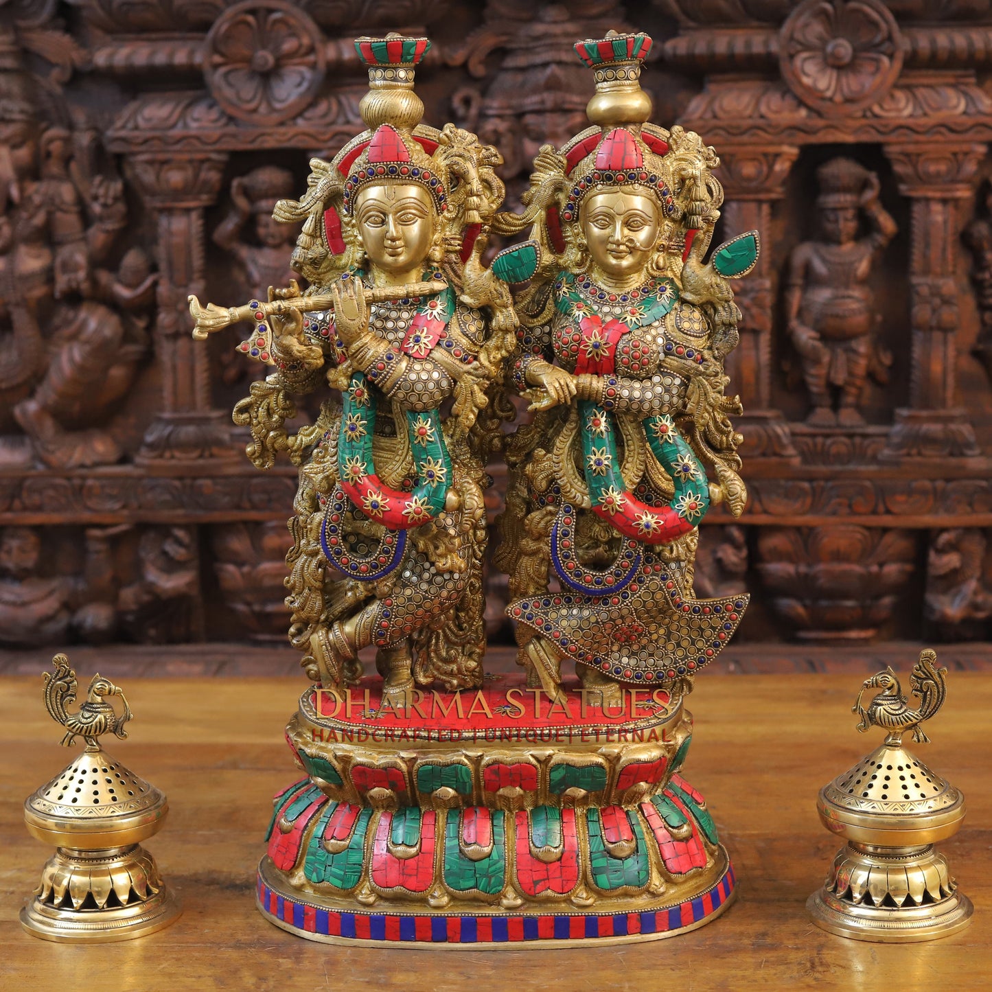 Brass Radha Krishna Statue on Single base, Golden finish & Stonework, 21