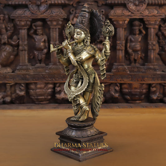 Brass Krishna standing on Pedestal, Copper & Gold Finish, 19"