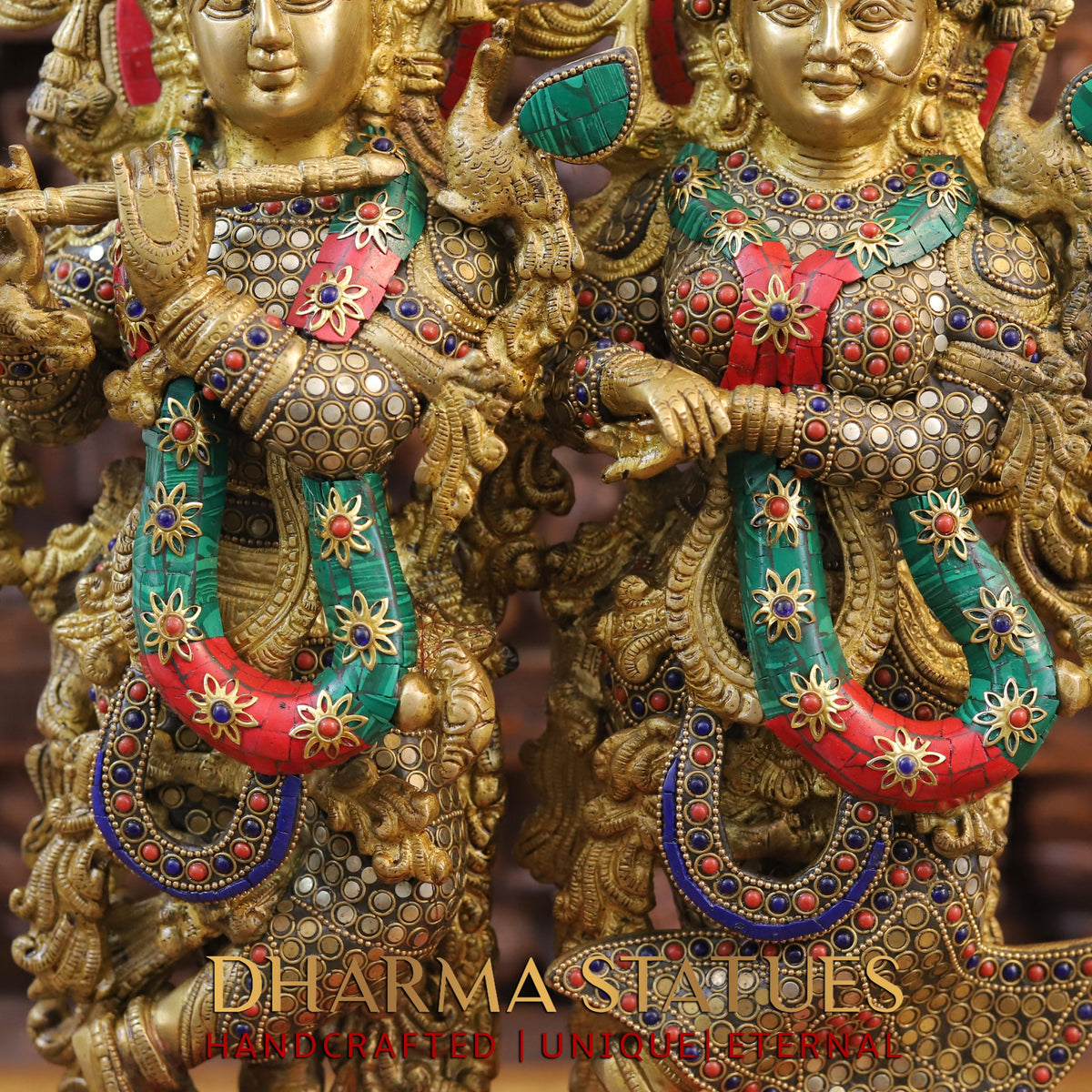 Brass Radha Krishna Statue on Single base, Golden finish & Stonework, 21
