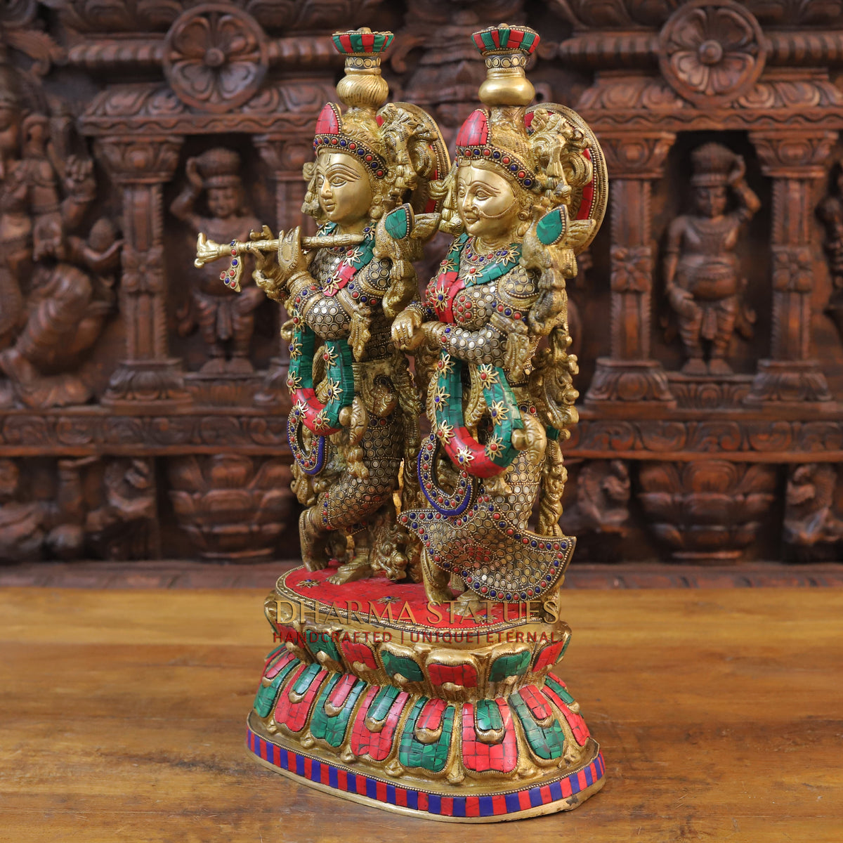 Brass Radha Krishna Statue on Single base, Golden finish & Stonework, 21