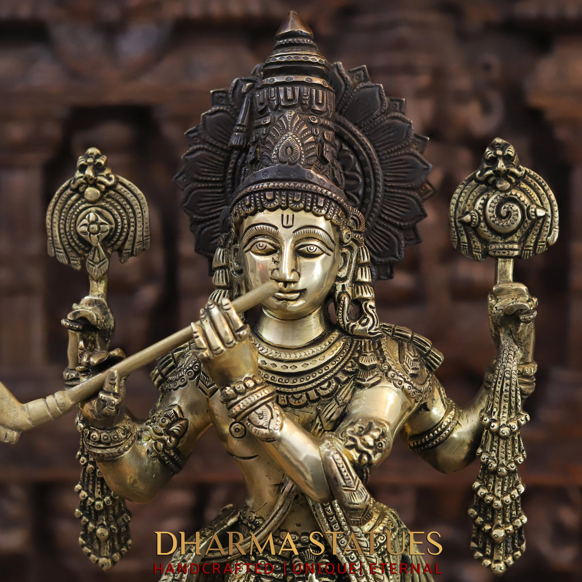 Brass Krishna standing on Pedestal, Copper & Gold Finish, 19"