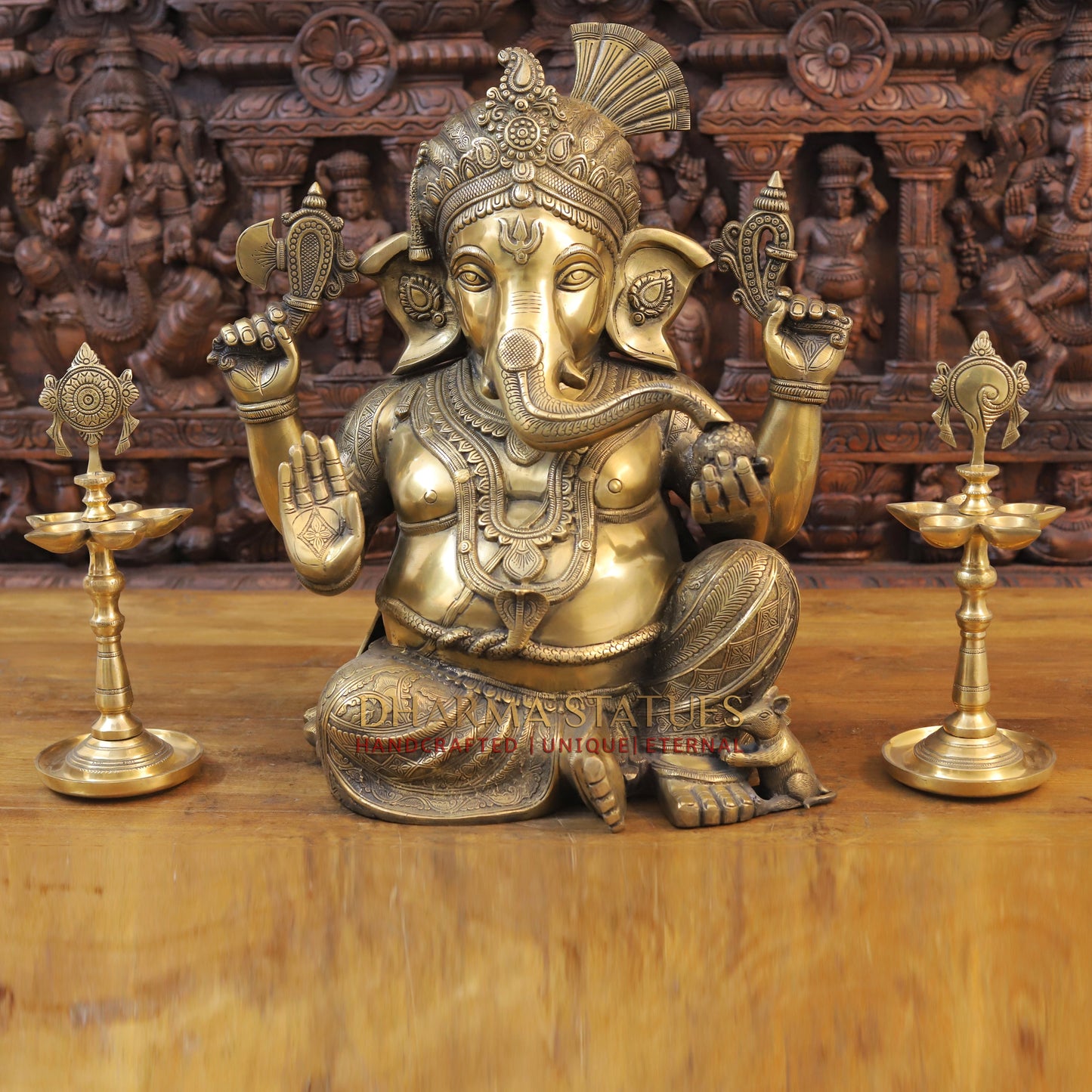 Brass Ganesh seated, Blessing Posture, Golden Finish, 21"