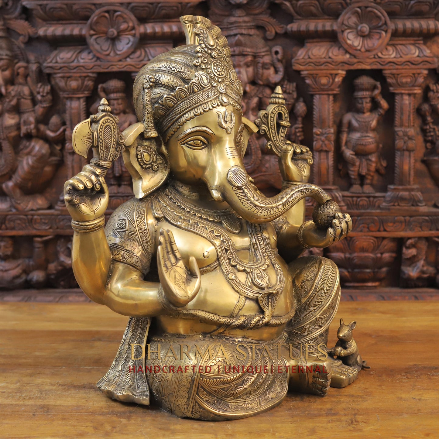 Brass Ganesh seated, Blessing Posture, Golden Finish, 21"
