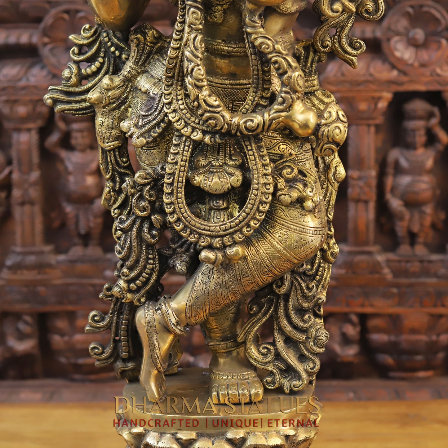 Brass Krishna Playing Flute on Pedestal, Golden Finish, 37"