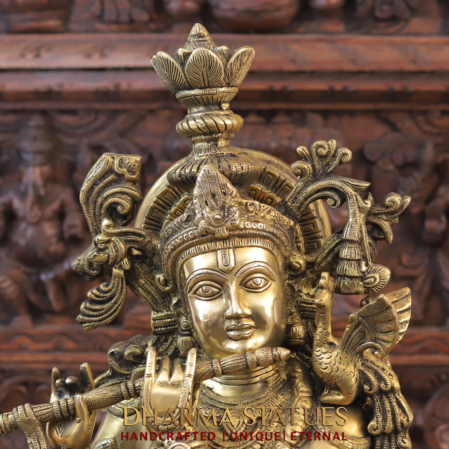 Brass Krishna Playing Flute on Pedestal, Golden Finish, 37"