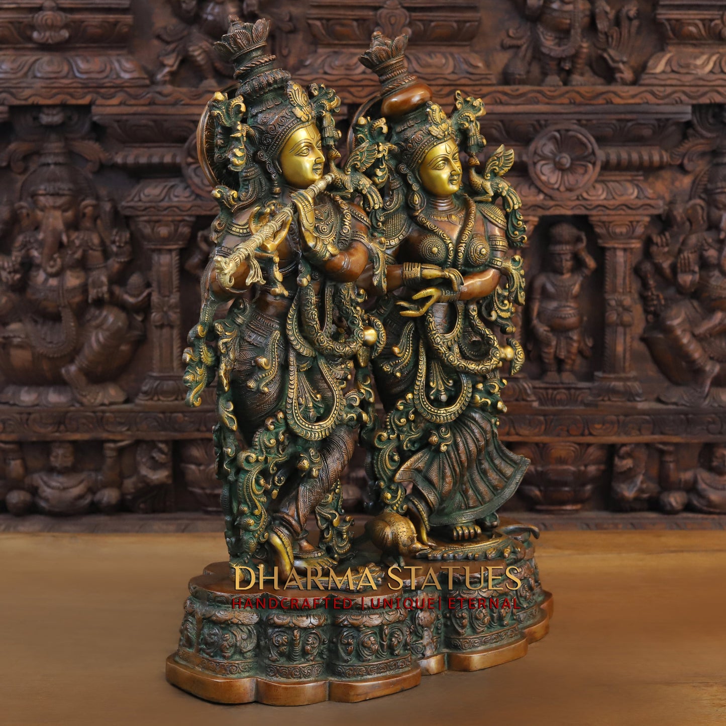 Brass Radha Krishna Statue on Single base, Copper & Golden Finish, 27”
