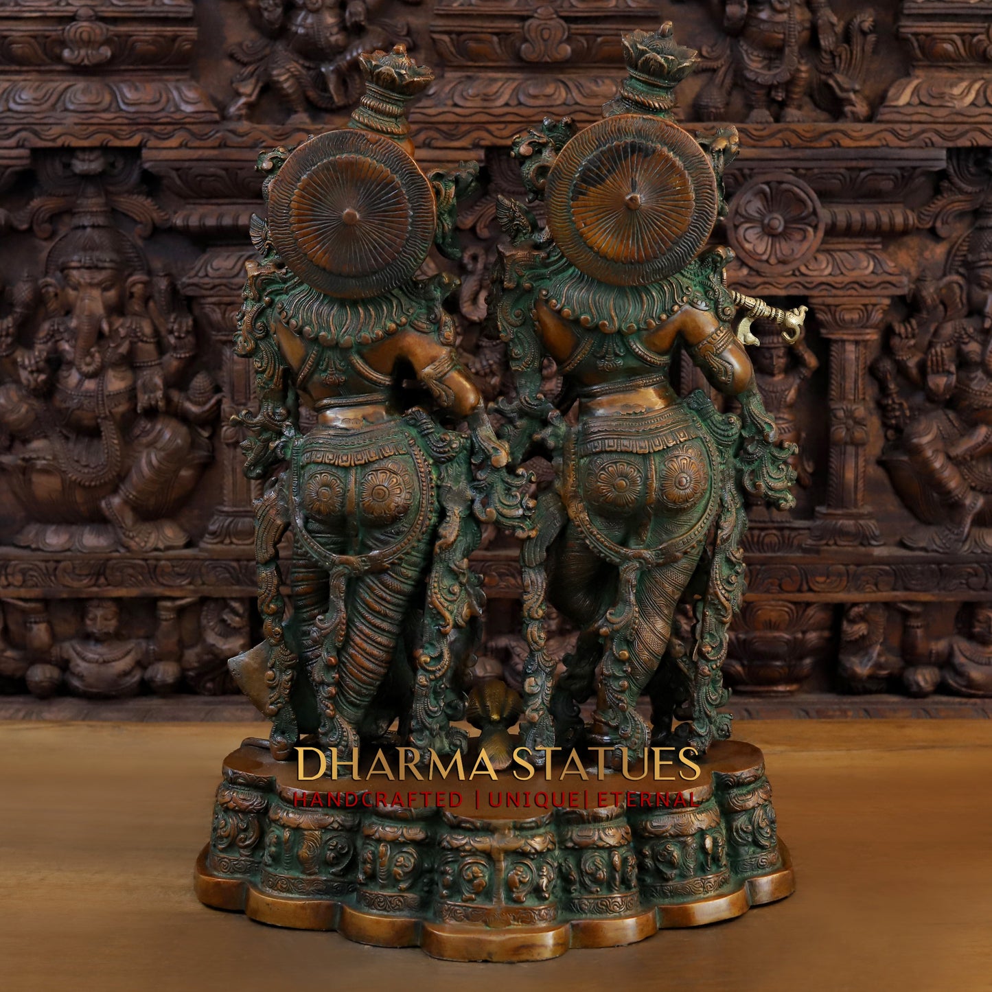 Brass Radha Krishna Statue on Single base, Copper & Golden Finish, 27”