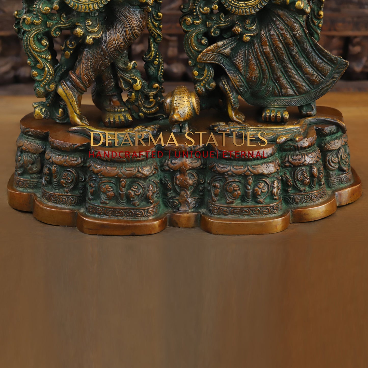 Brass Radha Krishna Statue on Single base, Copper & Golden Finish, 27”