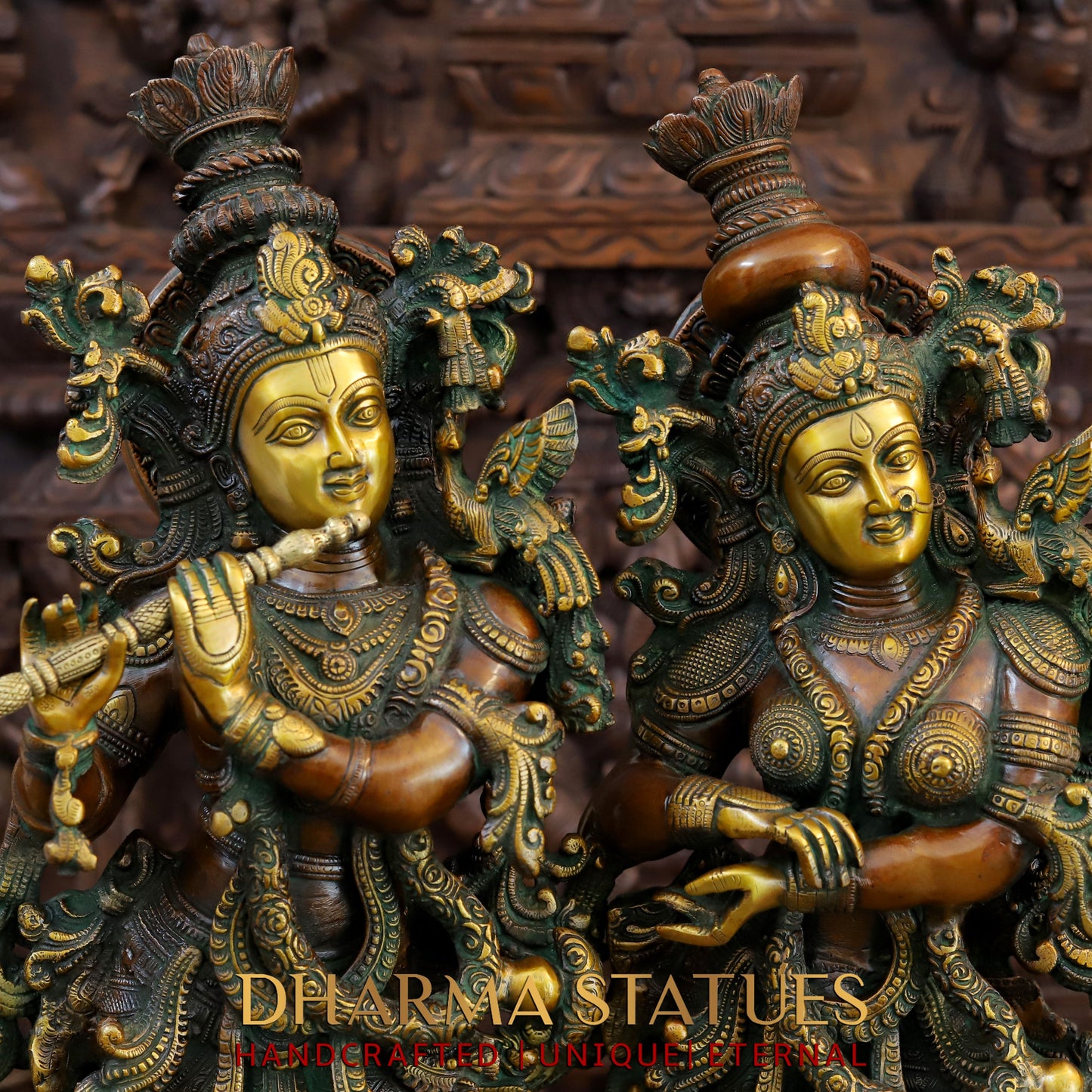 Brass Radha Krishna Statue on Single base, Copper & Golden Finish, 27”