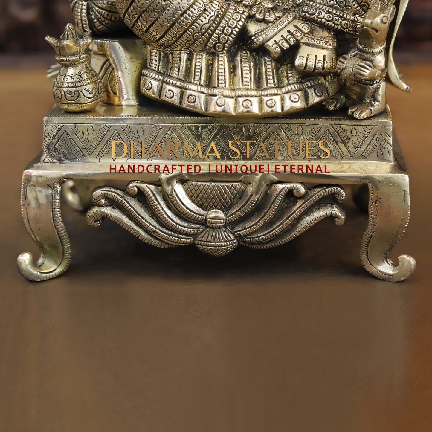 Brass Ganesh seated on Chowki, Blessing Position, Golden Finish, 17"