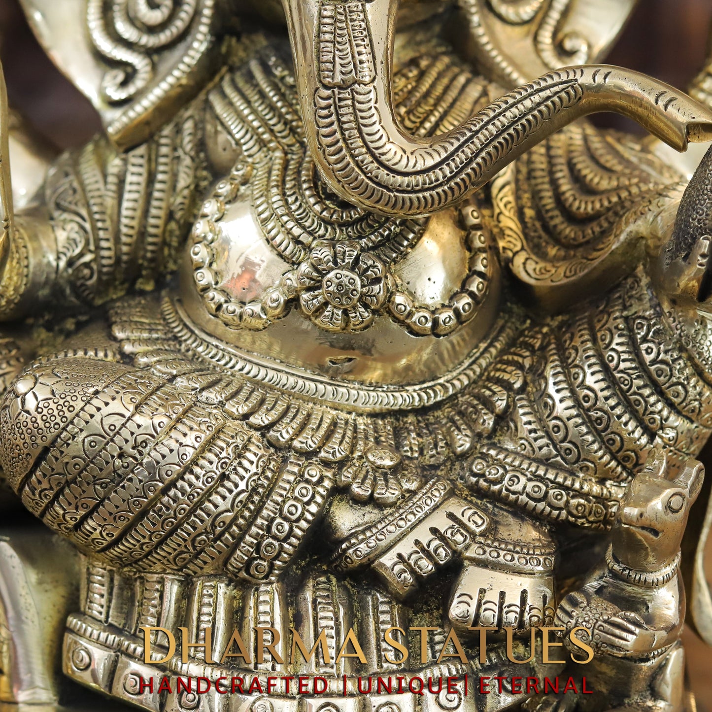 Brass Ganesh seated on Chowki, Blessing Position, Golden Finish, 17"