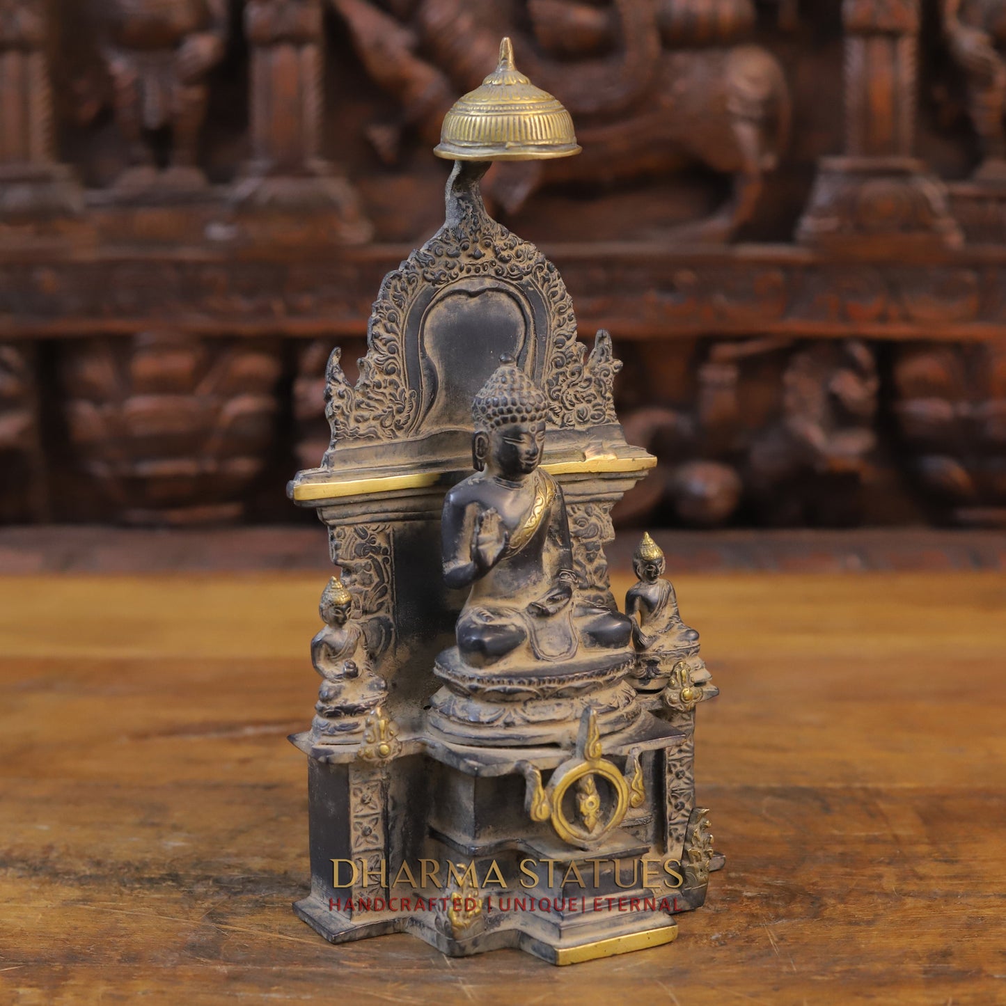 Brass Buddha in Temple, Black Patina & Golden Finish, 11.5"