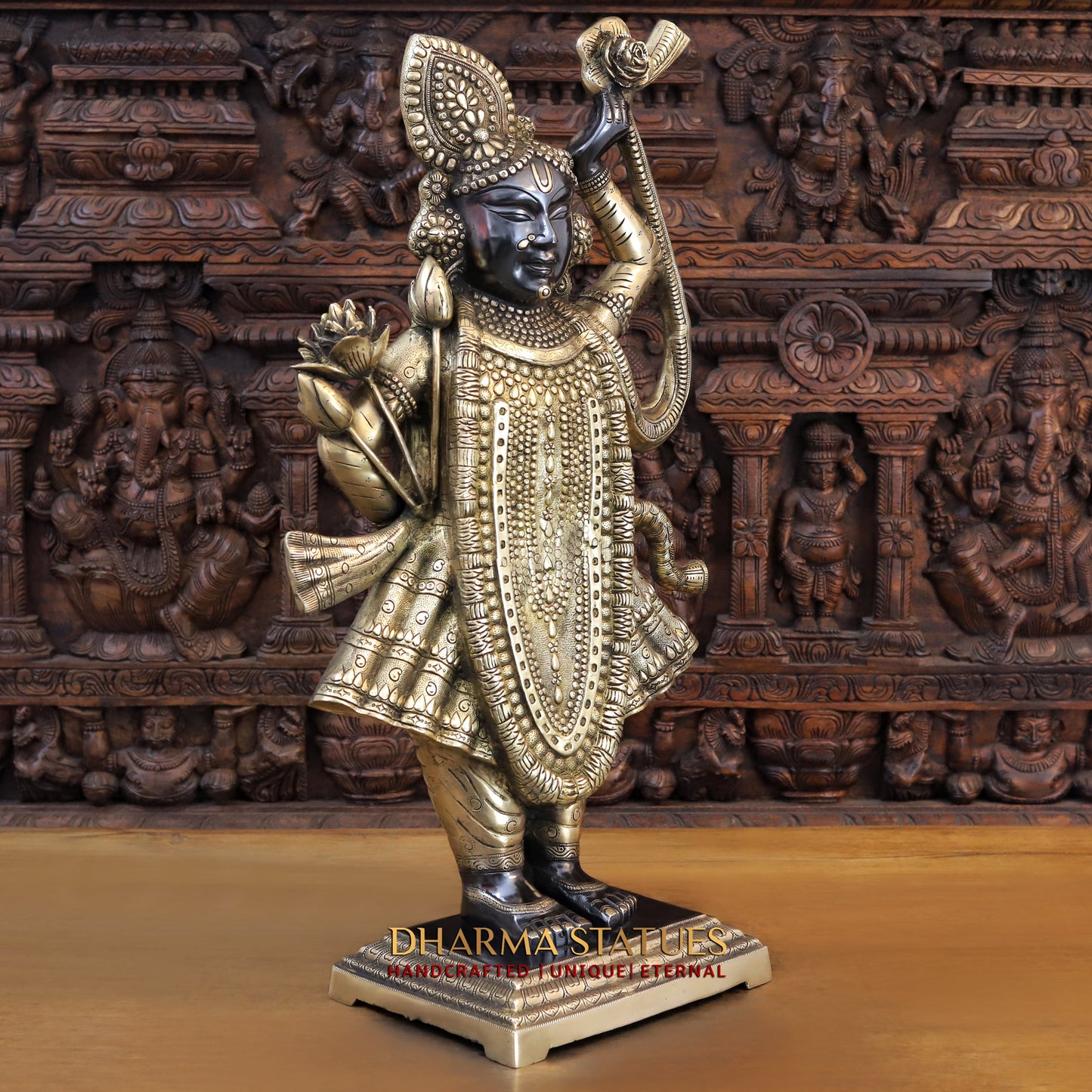 Brass Krishna Standing on Pedestal, Black Patina & Golden Finish, 33"