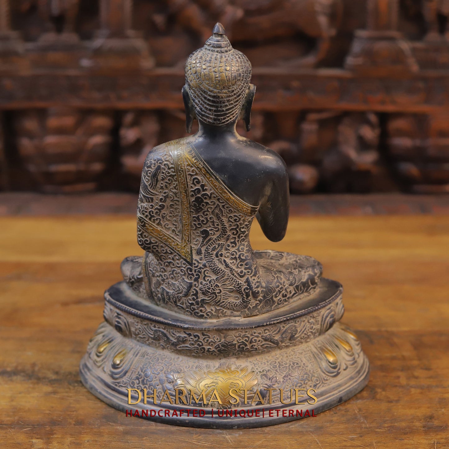 Brass Buddha seated in Blessing Posture, Black Patina & Golden Finish, 11"