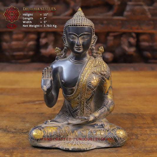 Brass Buddha seated in Blessing Posture, Black Patina & Golden Finish, 10"