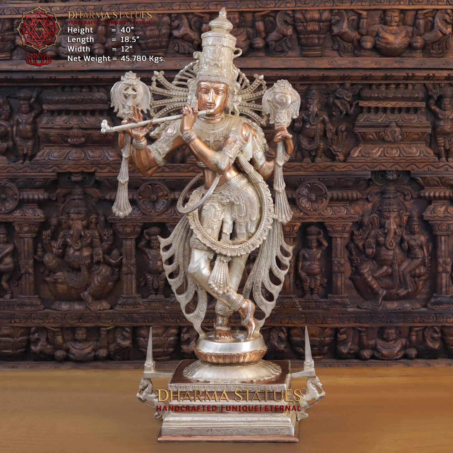 Brass Krishna playing Flute on Pedestal, Silver & Copper Finish, 40"