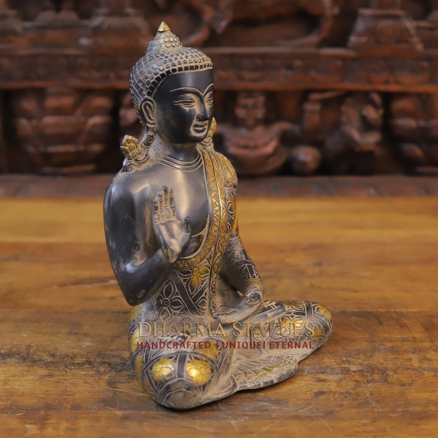 Brass Buddha seated in Blessing Posture, Black Patina & Golden Finish, 10"