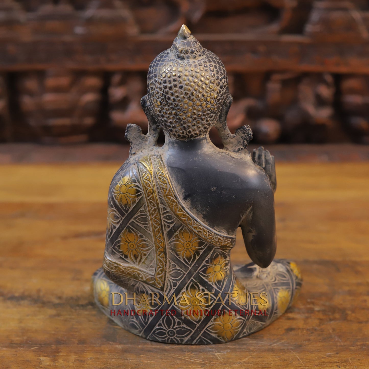 Brass Buddha seated in Blessing Posture, Black Patina & Golden Finish, 10"