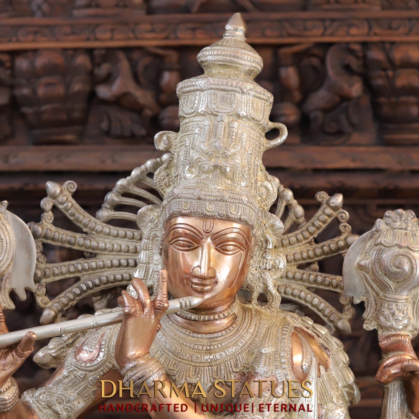 Brass Krishna playing Flute on Pedestal, Silver & Copper Finish, 40"
