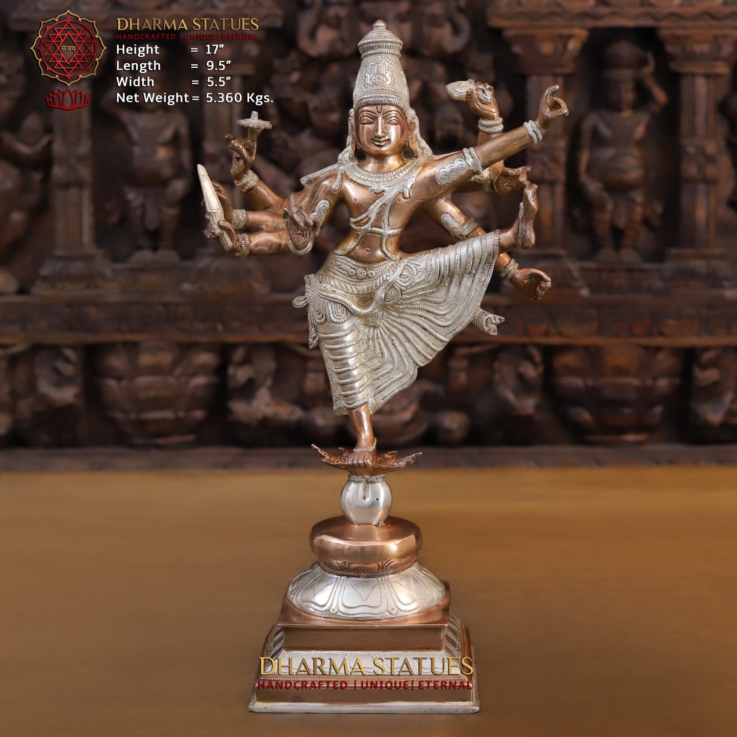 Brass Vishnu with 6 arms standing on Pedestal, Silver & Copper Finish, 17"