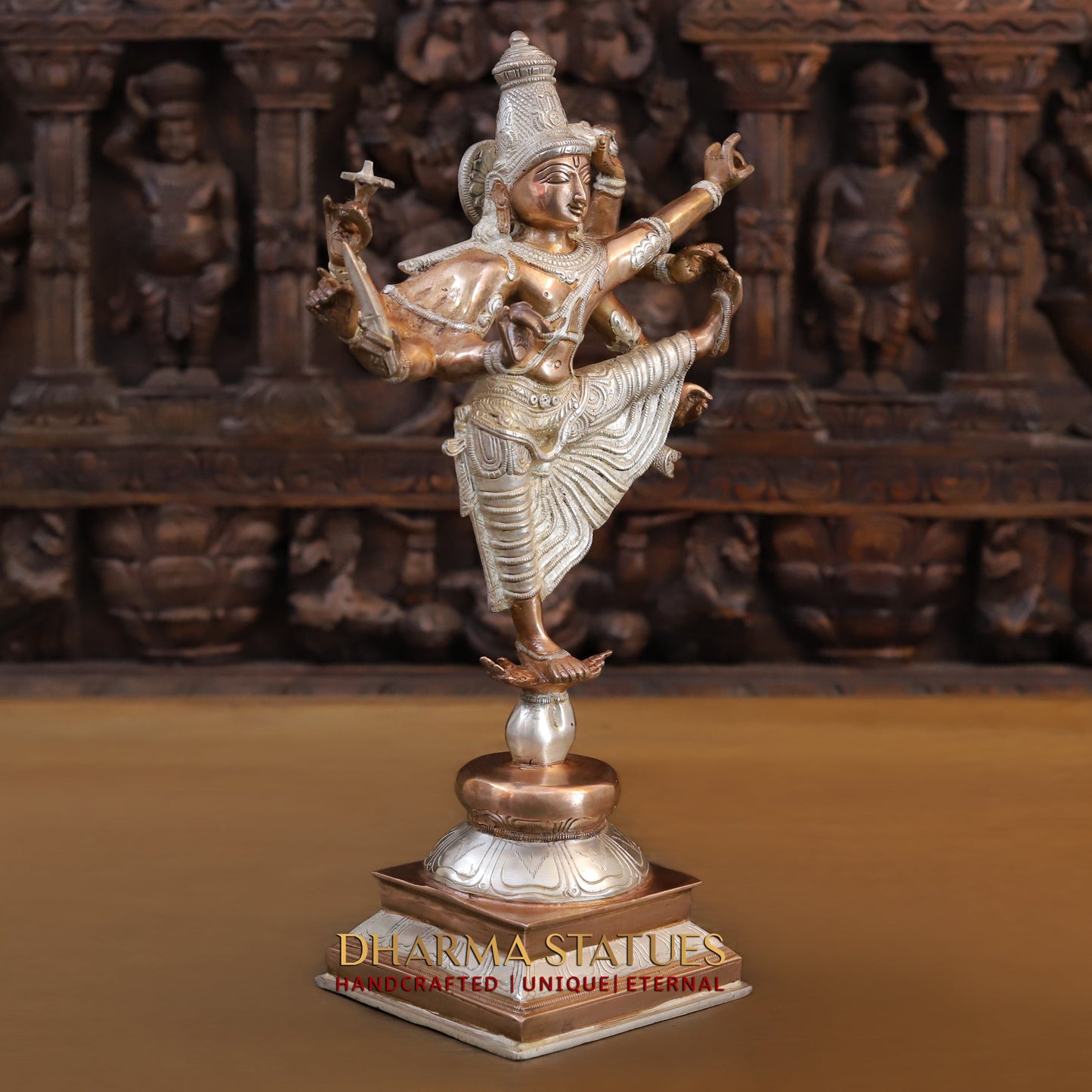 Brass Vishnu with 6 arms standing on Pedestal, Silver & Copper Finish, 17"