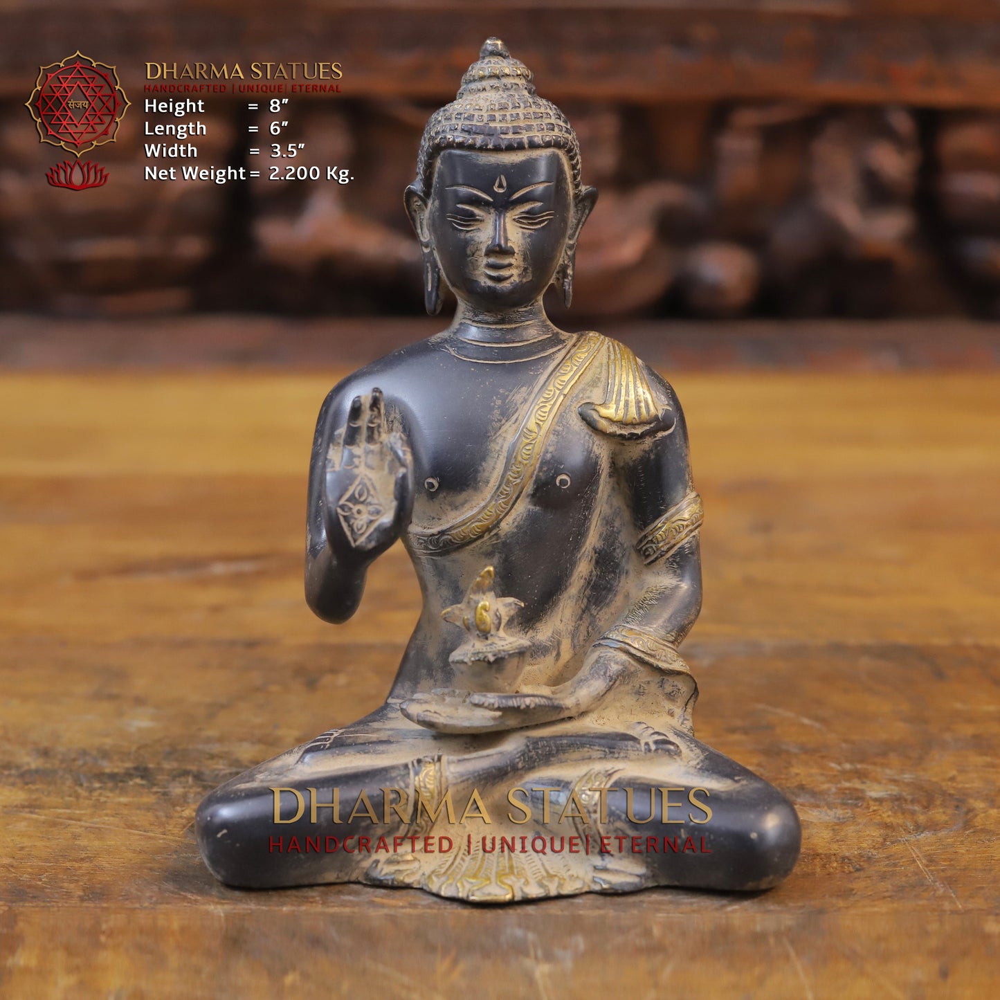 Brass Buddha seated in Blessing Posture, Black Patina & Golden Finish, 8"