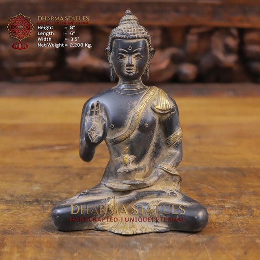 Brass Buddha seated in Blessing Posture, Black Patina & Golden Finish, 8"