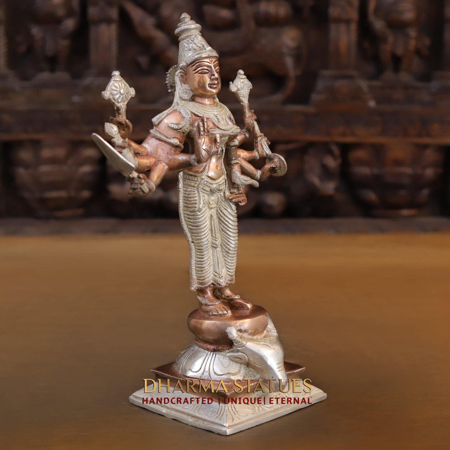 Brass Durga Standing on Buffalo Head, Copper & Silver Finish, 11.5"