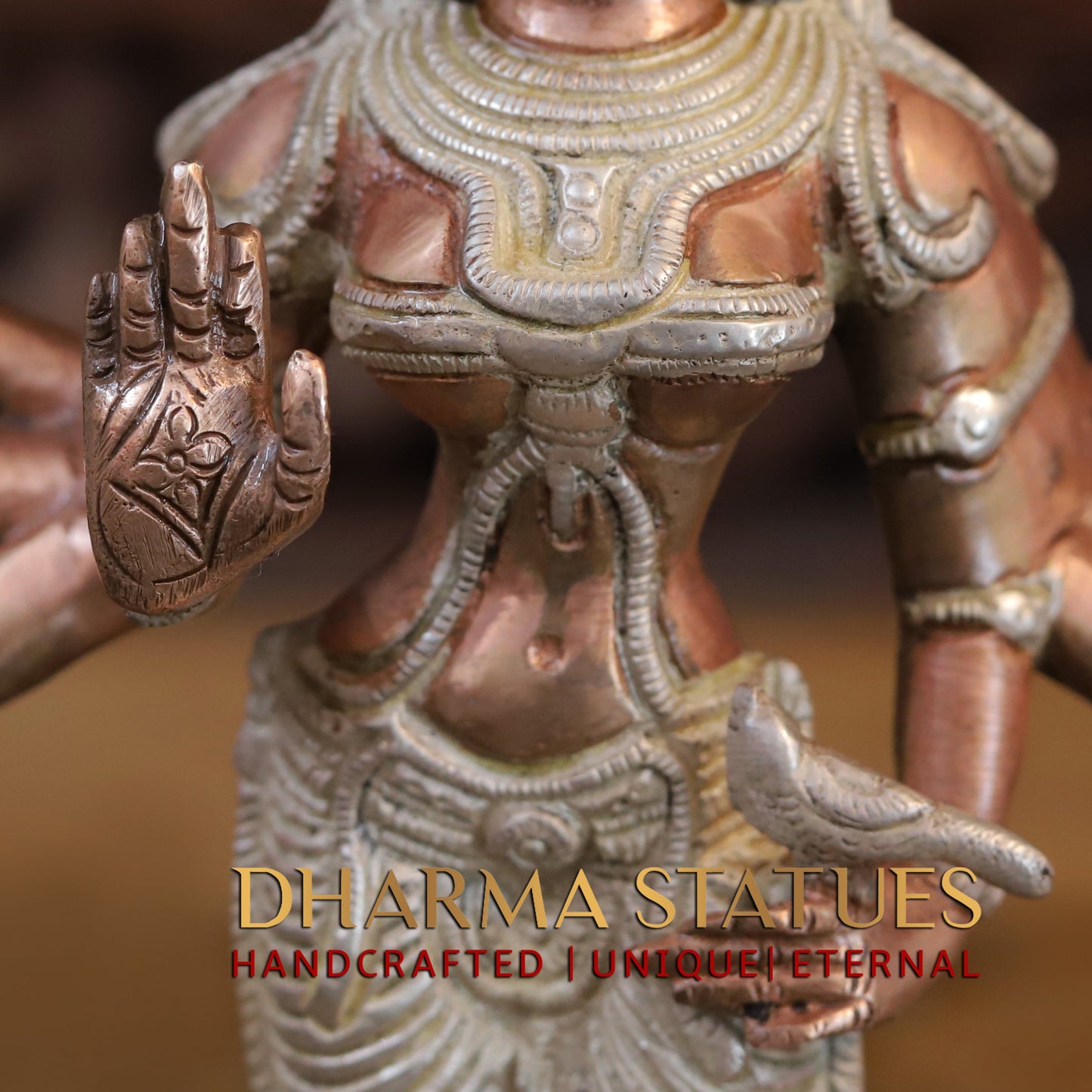 Brass Durga Standing on Buffalo Head, Copper & Silver Finish, 11.5"