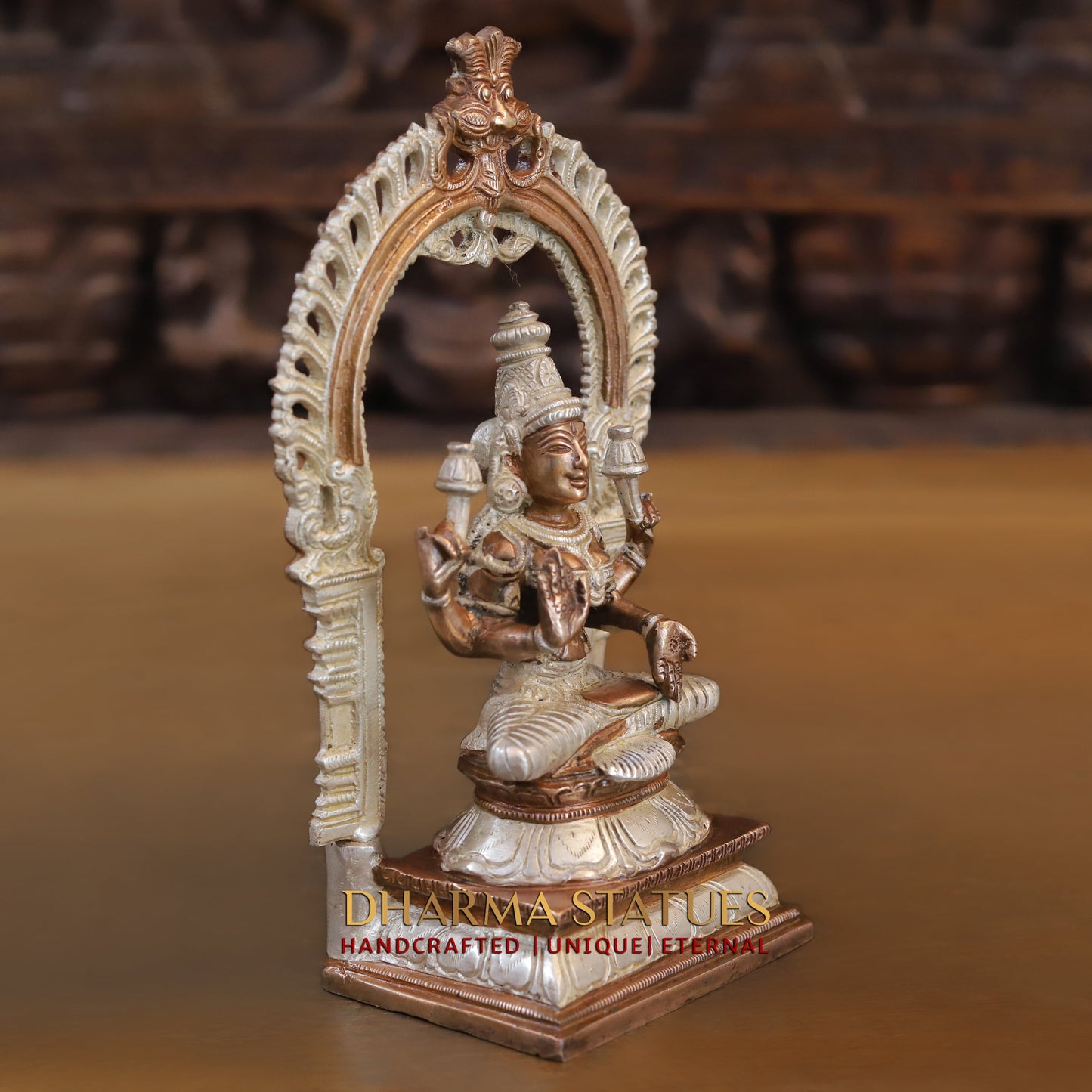 Brass Lakshmi seated with Frame, Blessing Posture, Silver & Copper Finish, 9.5"