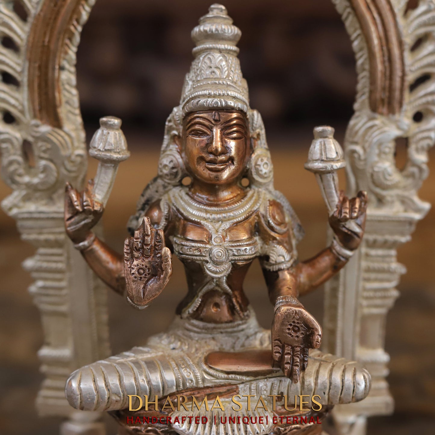 Brass Lakshmi seated with Frame, Blessing Posture, Silver & Copper Finish, 9.5"
