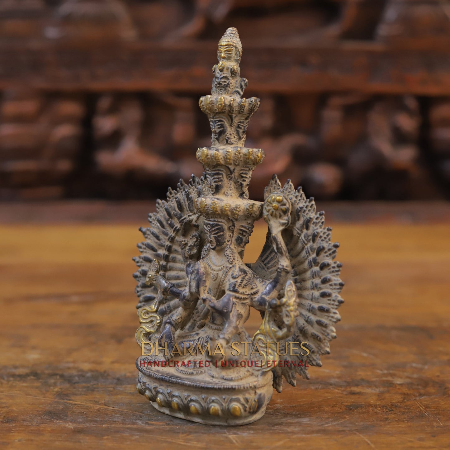 Brass Avalokiteshvara Buddha, Fine Golden Finish, 7.5"