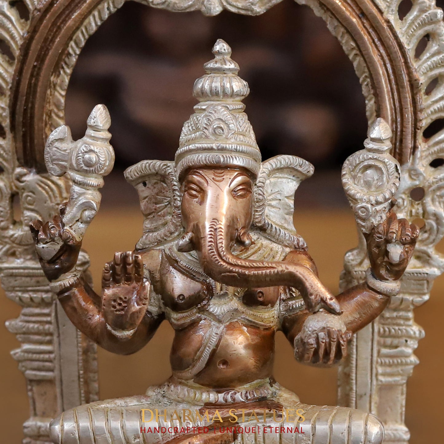 Brass Ganesh seated with Frame, Blessing Posture, Silver & Copper Finish, 9.5"