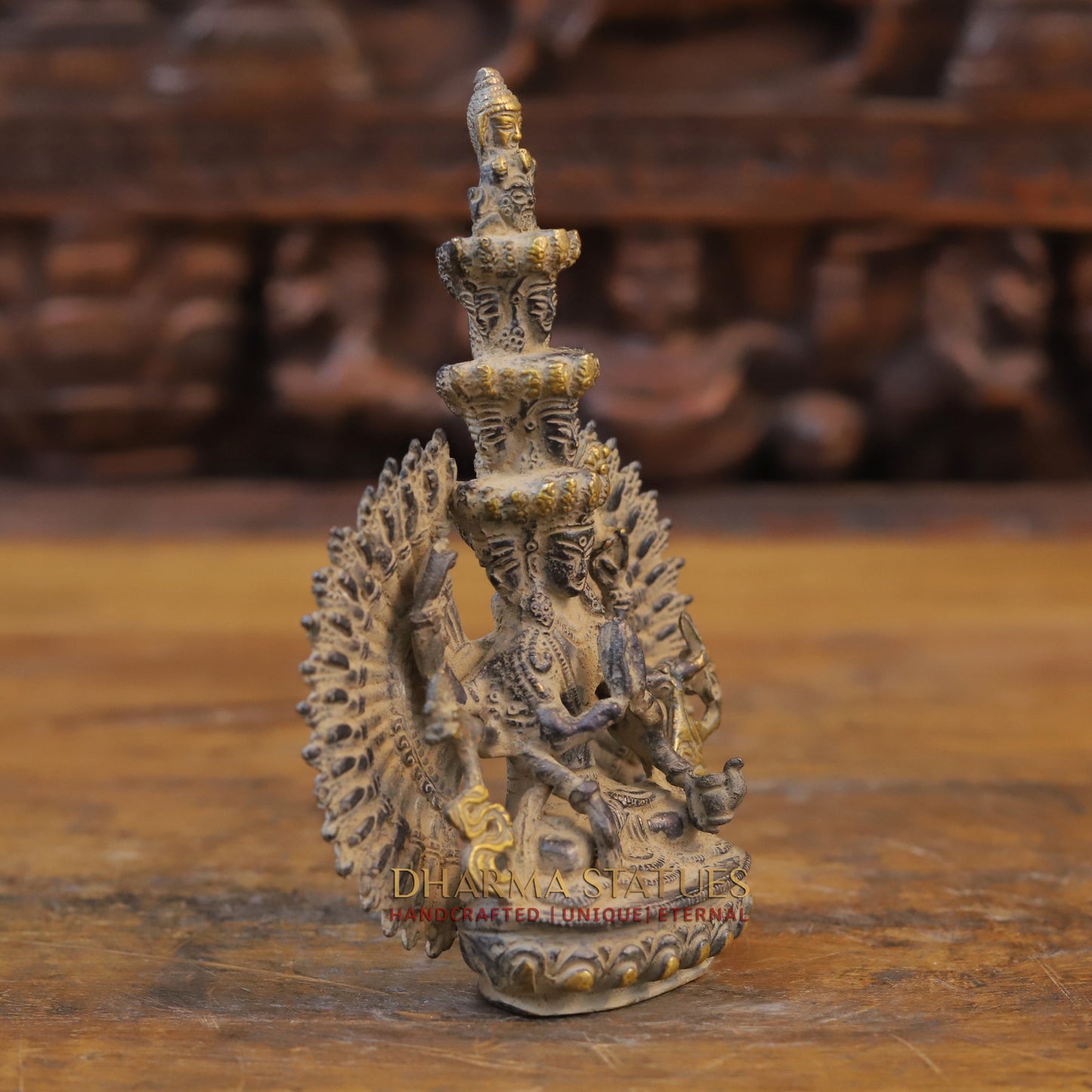 Brass Avalokiteshvara Buddha, Fine Golden Finish, 7.5"