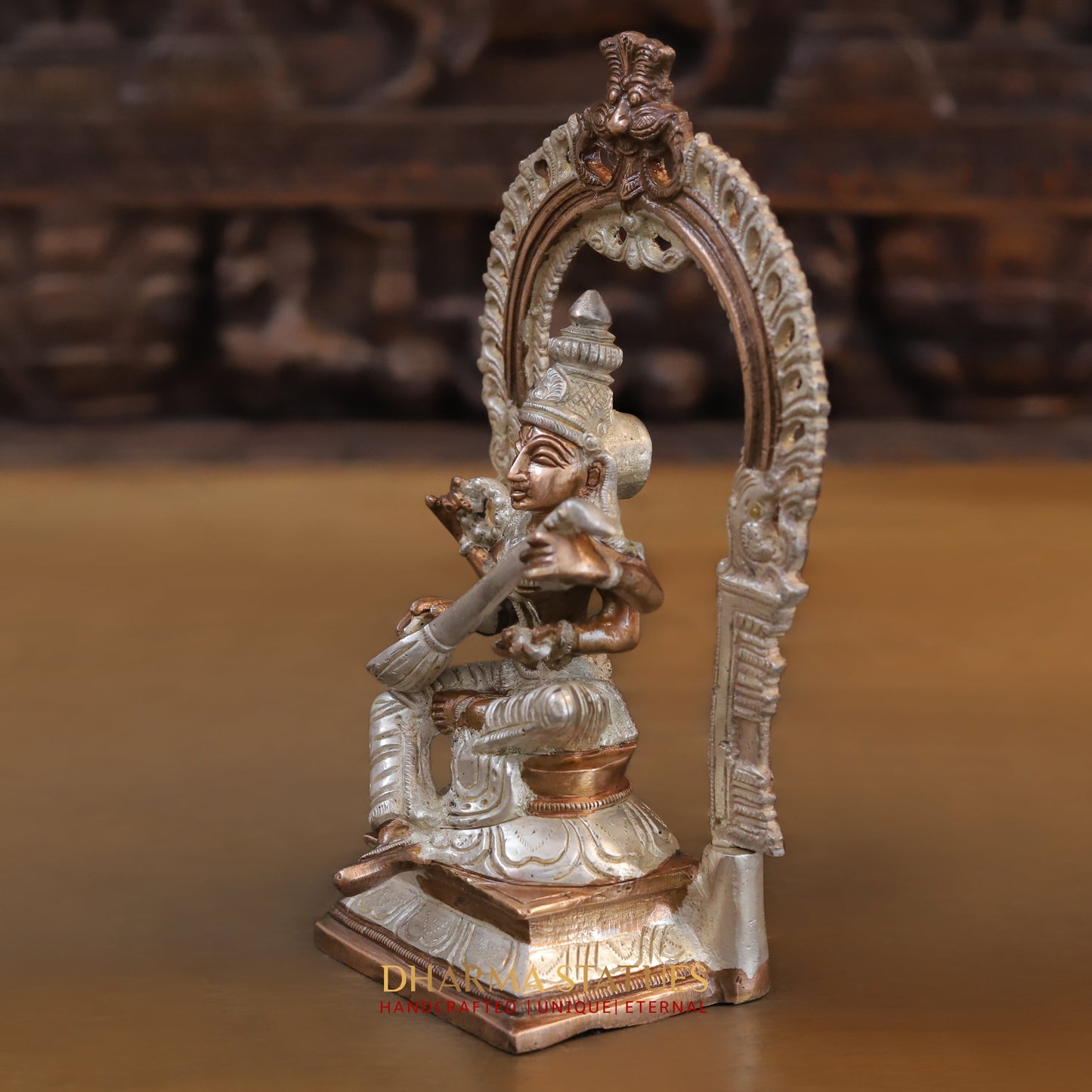 Brass Saraswati seated with Frame, Silver & Copper Finish, 9.5"