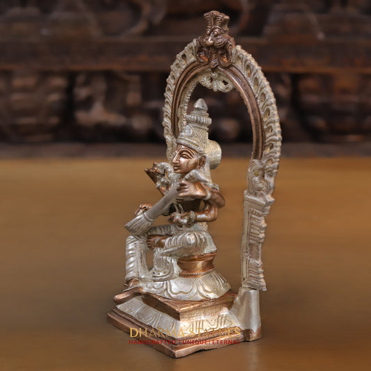 Brass Saraswati seated with Frame, Silver & Copper Finish, 9.5"