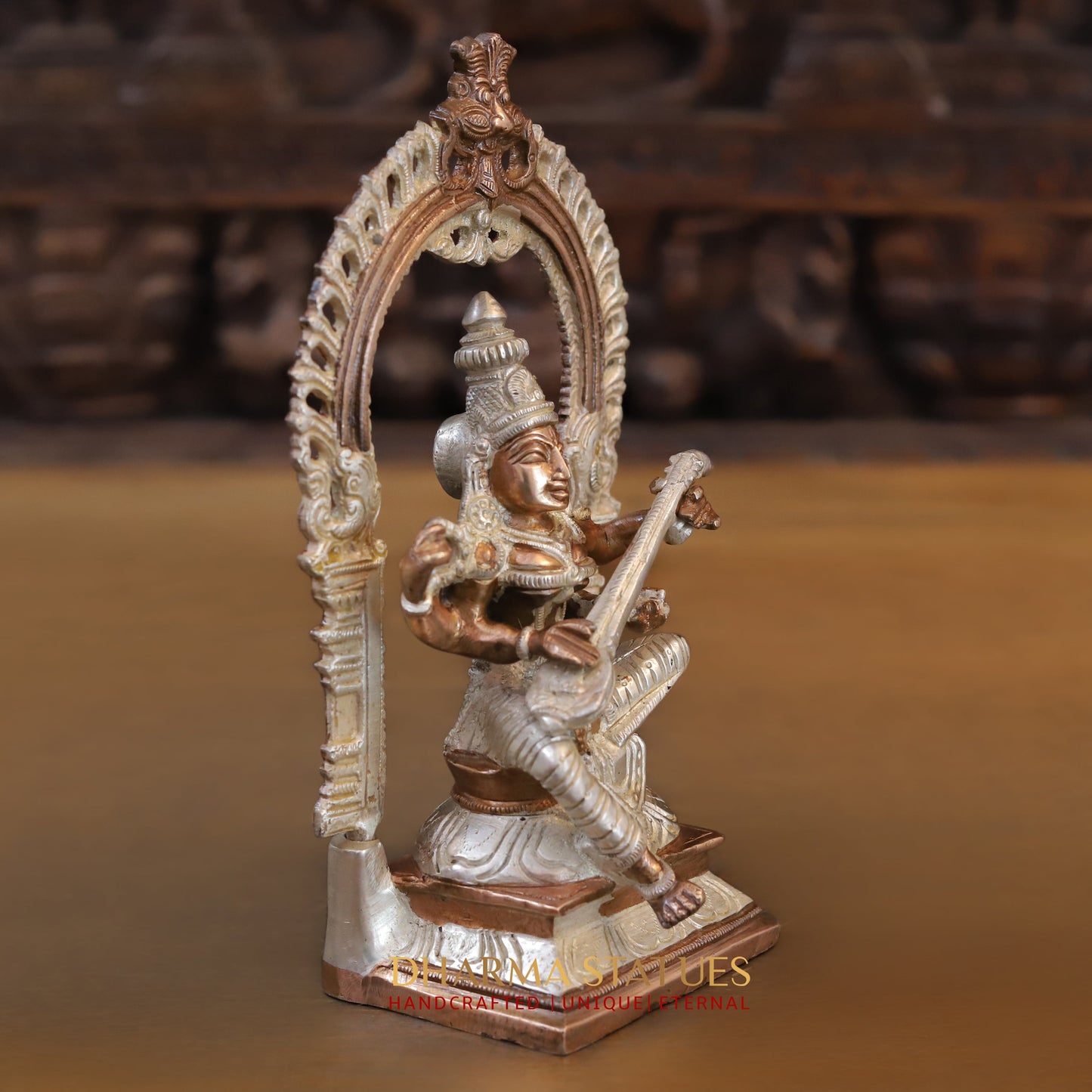 Brass Saraswati seated with Frame, Silver & Copper Finish, 9.5"