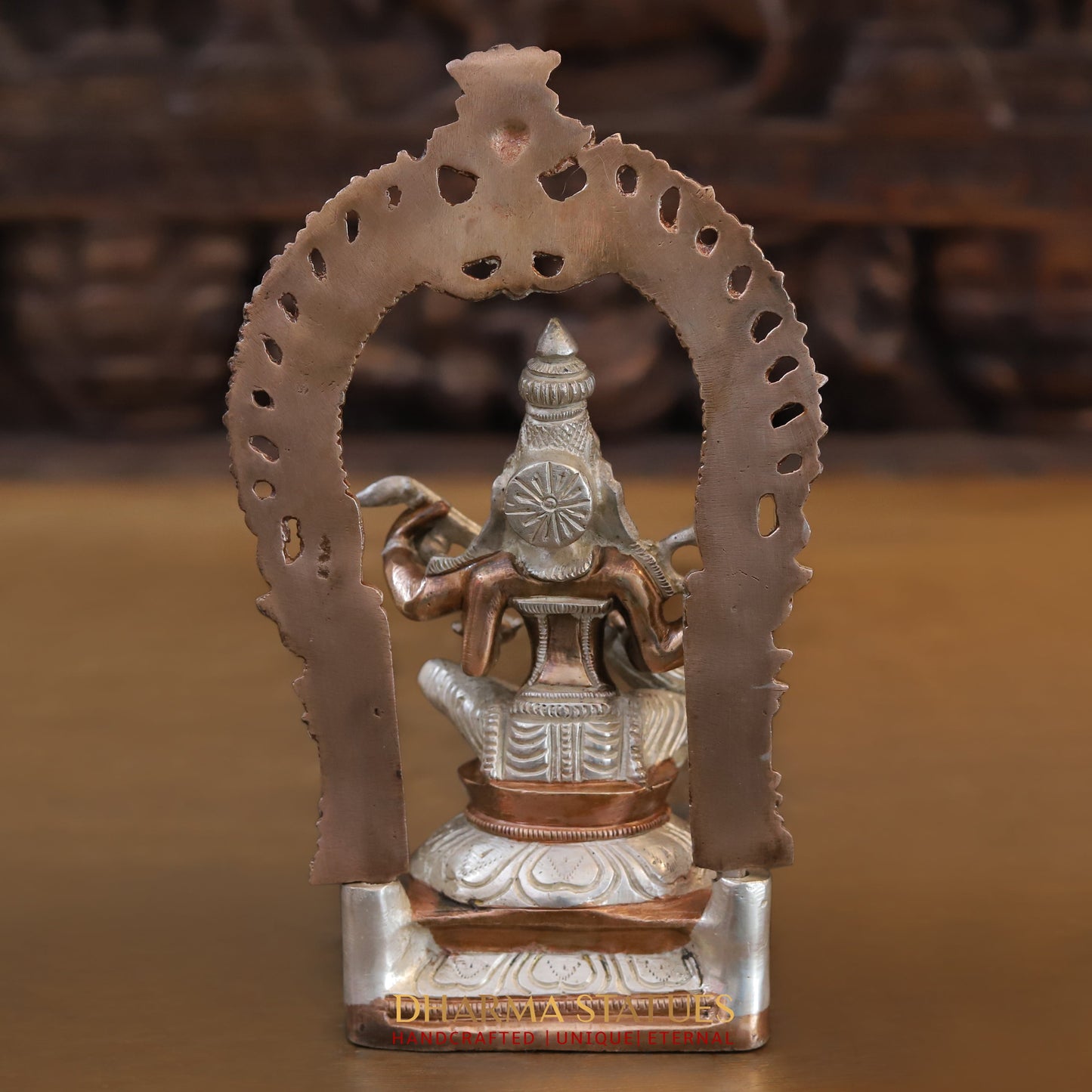 Brass Saraswati seated with Frame, Silver & Copper Finish, 9.5"