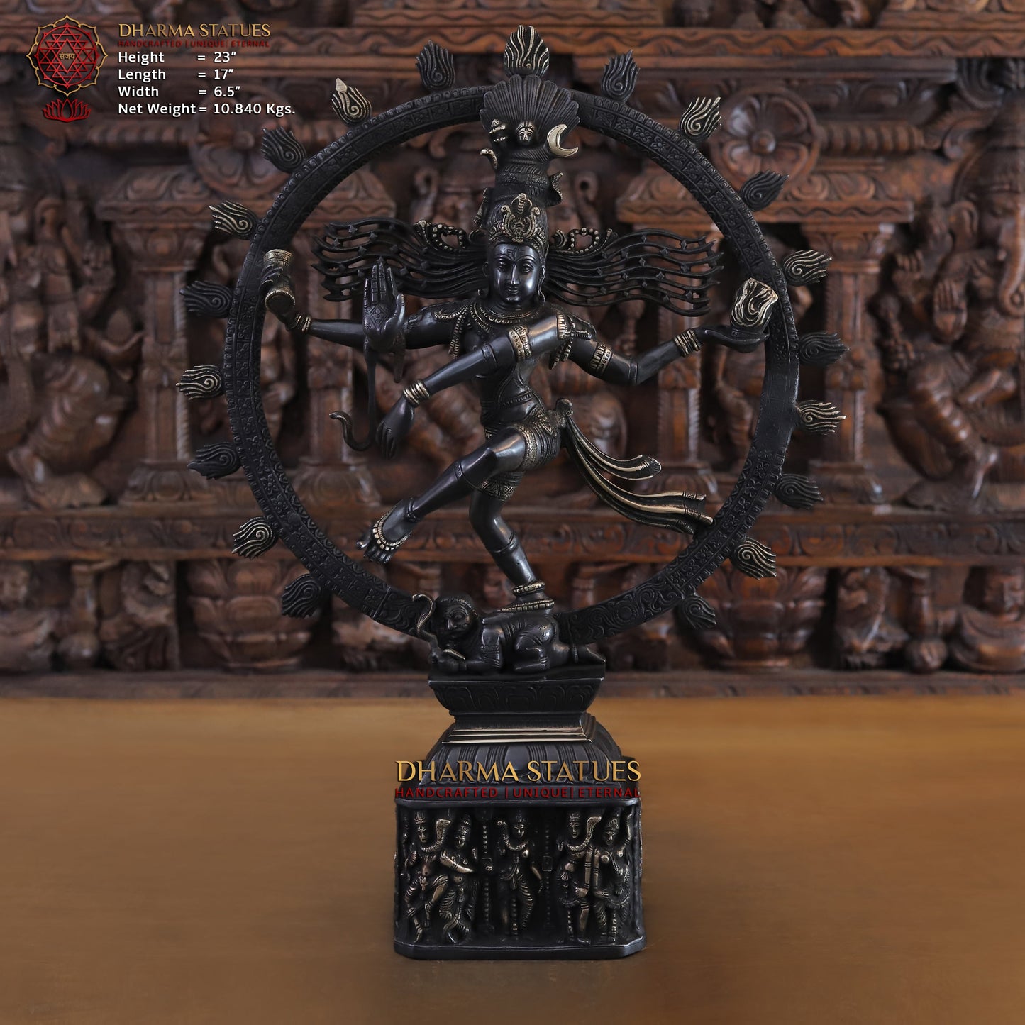 Brass Nataraja, Dancing Shiva Standing on Pedestal, Black Patina & Golden Finish, 23"