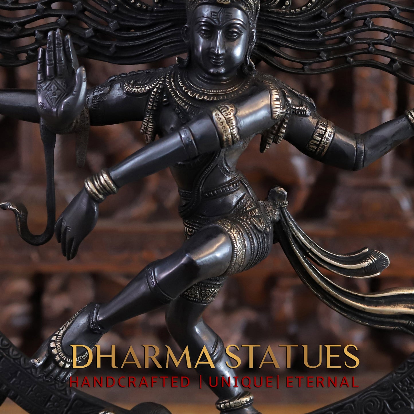 Brass Nataraja, Dancing Shiva Standing on Pedestal, Black Patina & Golden Finish, 23"