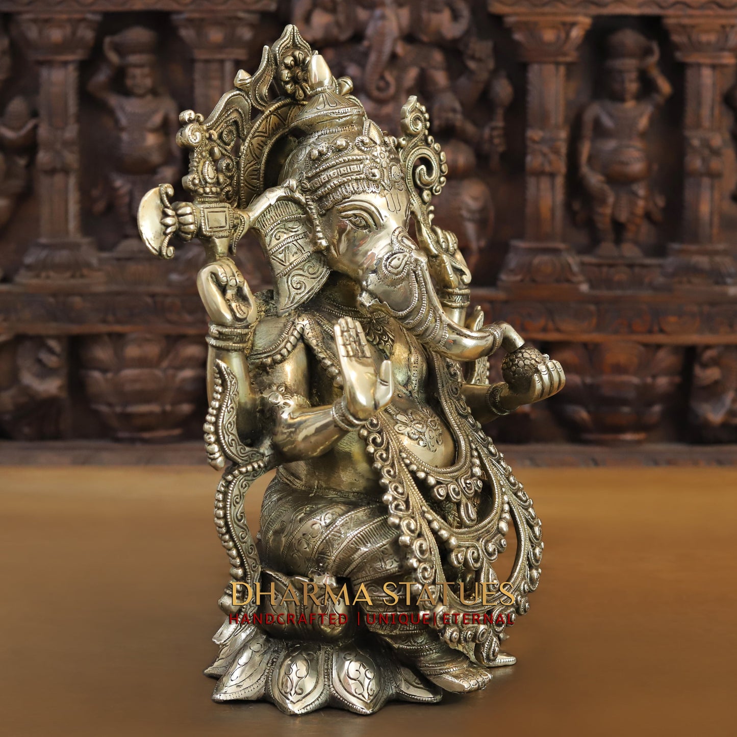 Brass Lakshmi & Ganesh seated on Lotus, Blessing Posture, Fine Golden Finish, 16"