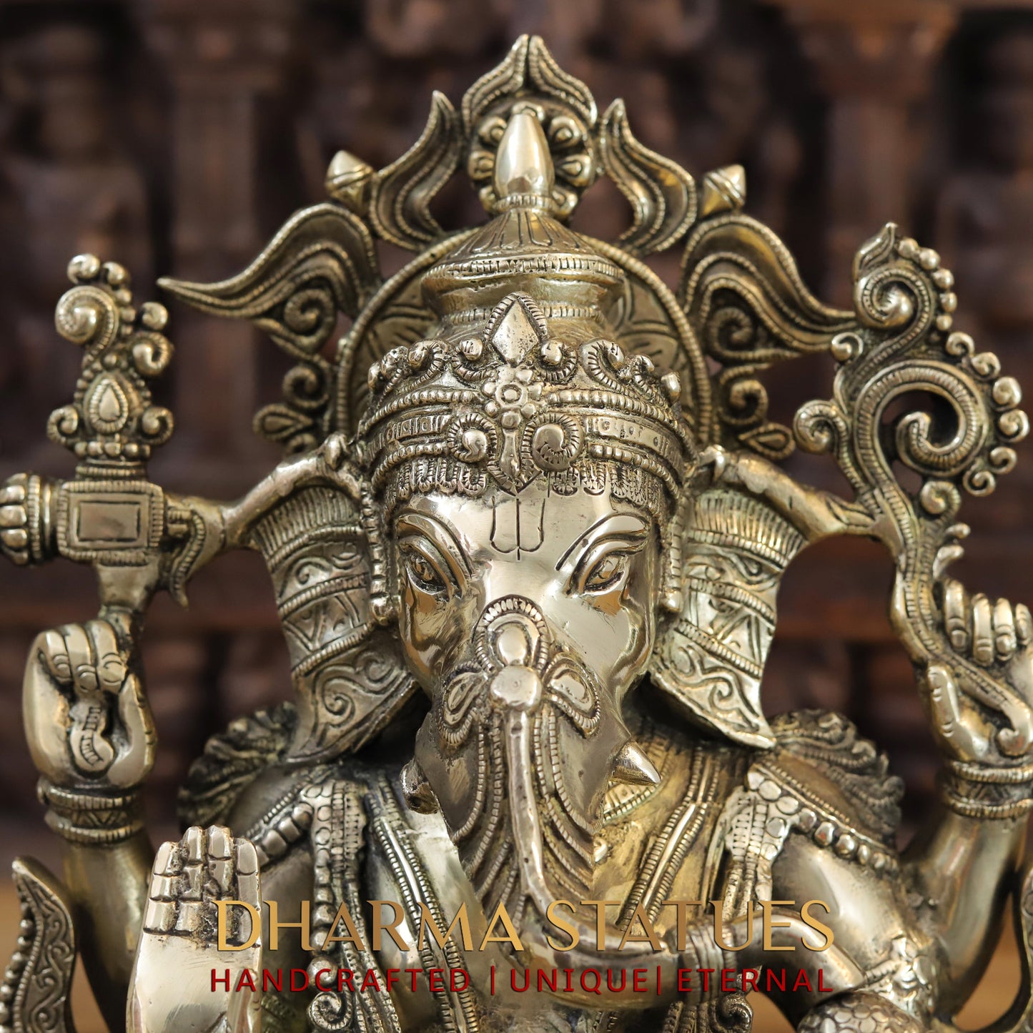 Brass Ganesh seated on Lotus, Blessing Posture, Fine Golden Finish, 16"