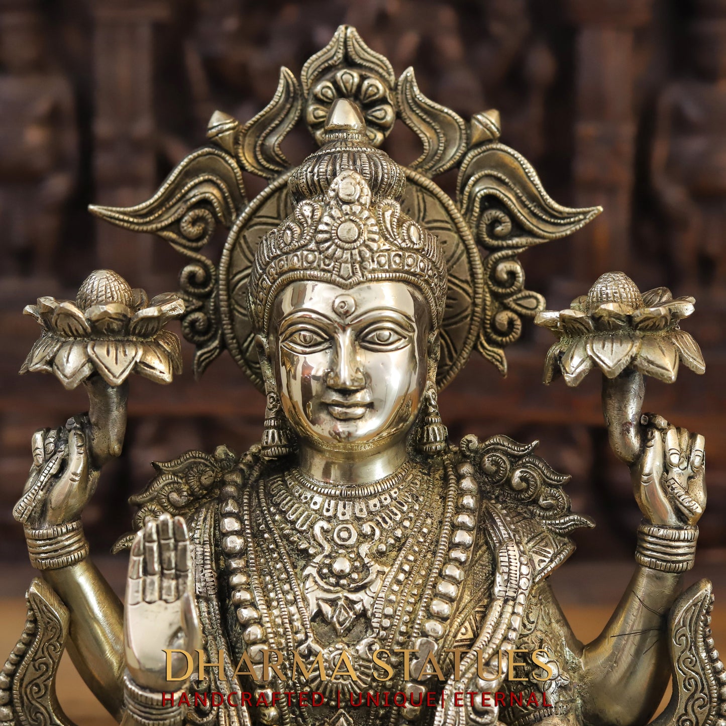 Brass Lakshmi & Ganesh seated on Lotus, Blessing Posture, Fine Golden Finish, 16"