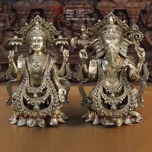 Brass Lakshmi & Ganesh seated on Lotus, Blessing Posture, Fine Golden Finish, 16"