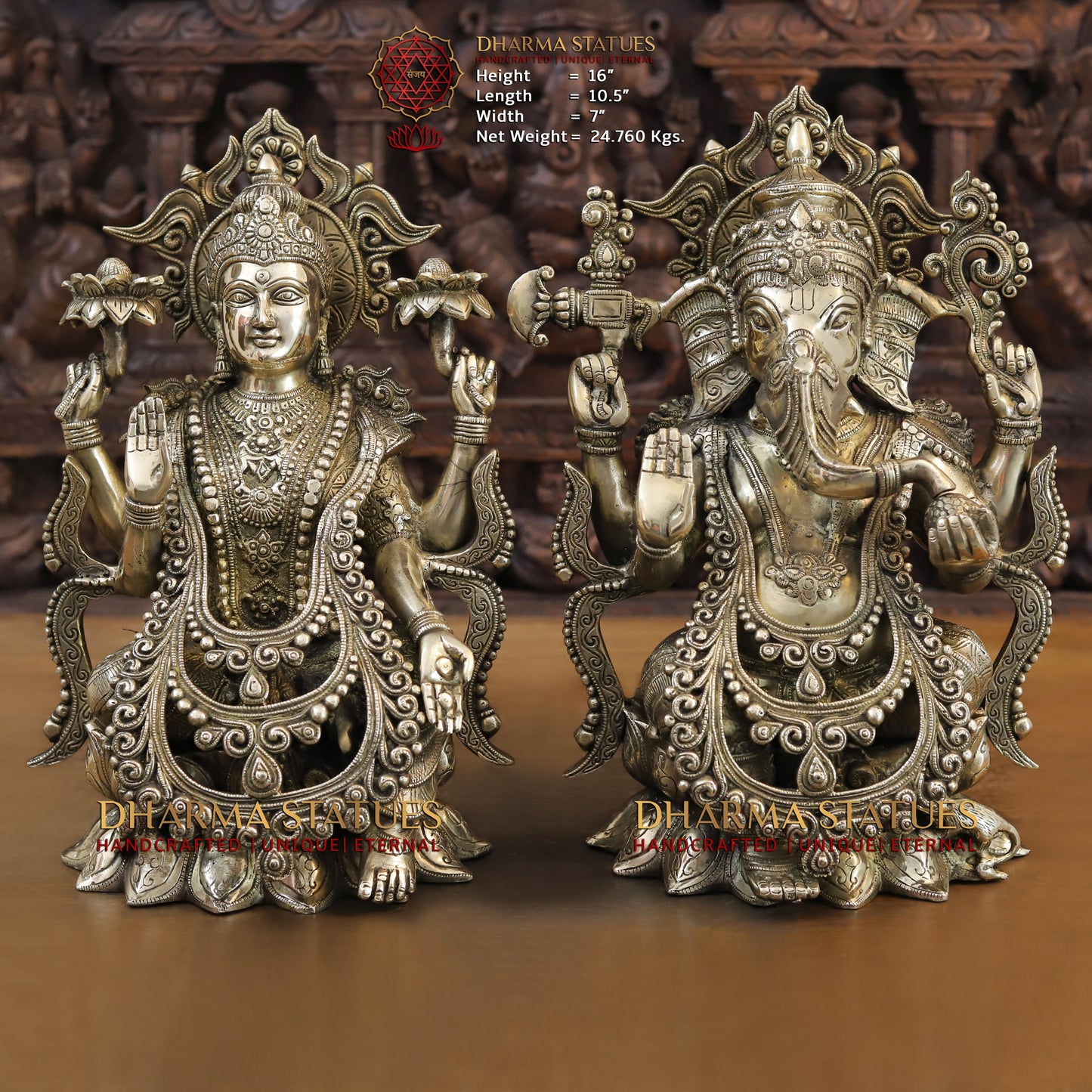 Brass Lakshmi & Ganesh seated on Lotus, Blessing Posture, Fine Golden Finish, 16"