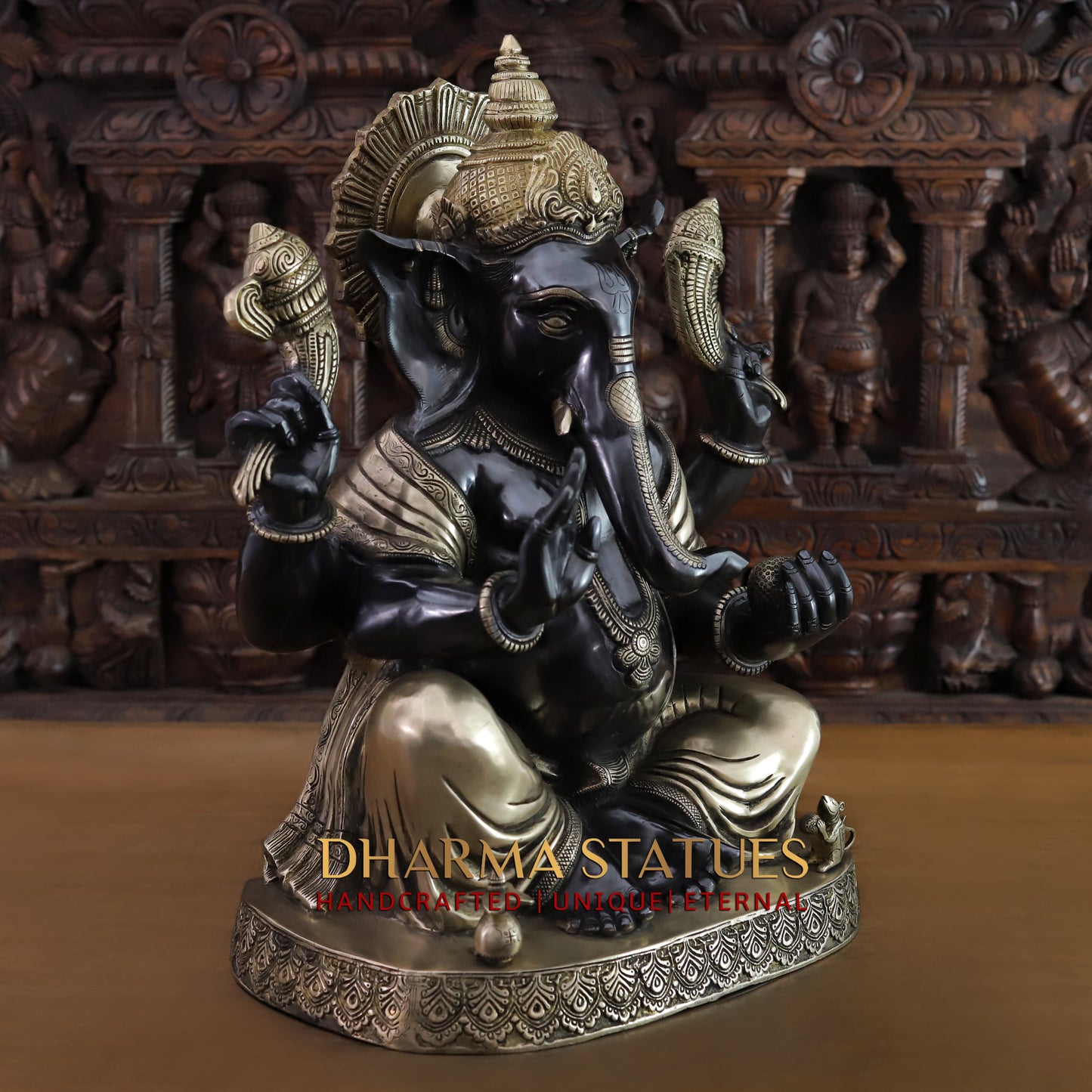 Brass Ganesh seated on Base, Black Patina & Golden Finish, 21"
