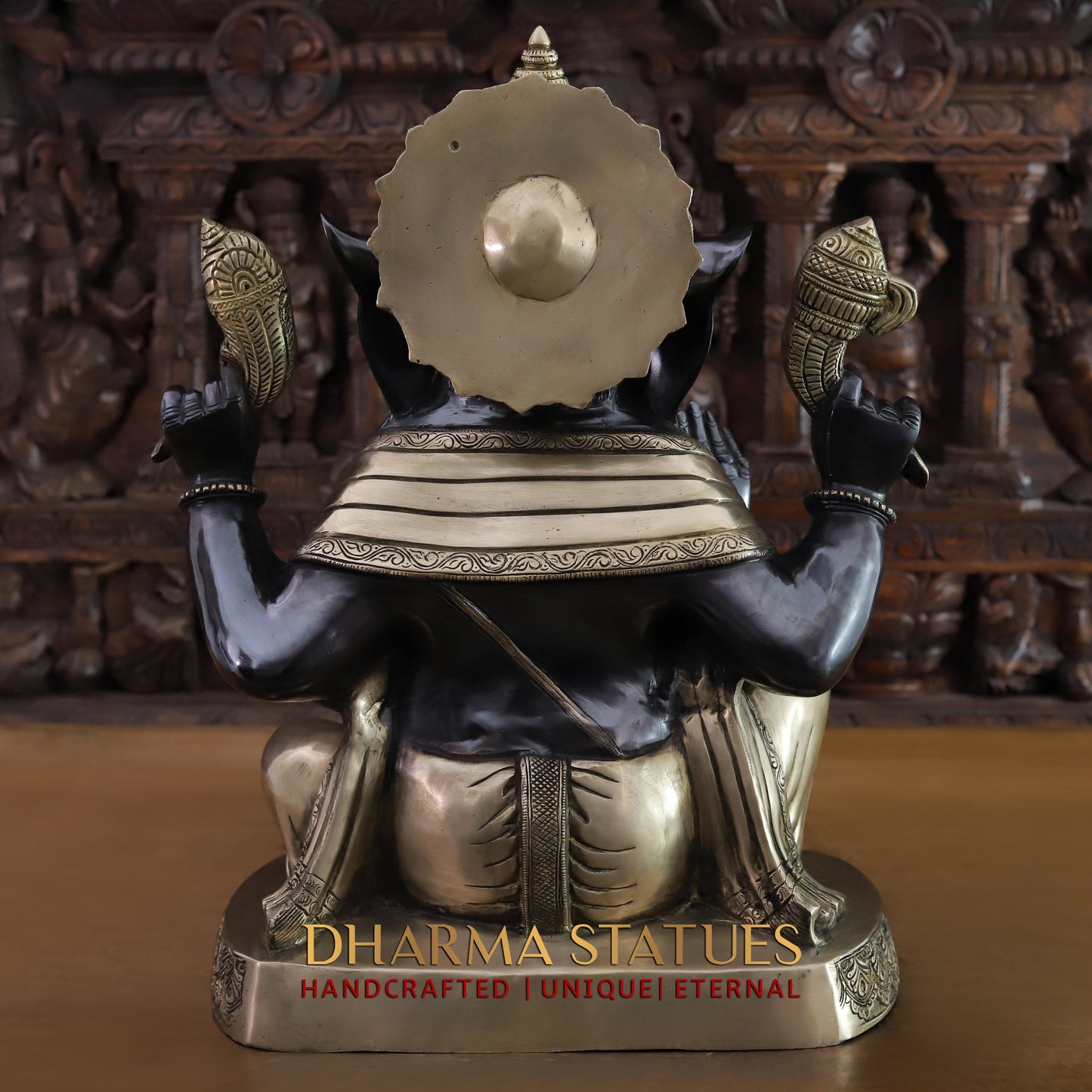 Brass Ganesh seated on Base, Black Patina & Golden Finish, 21"